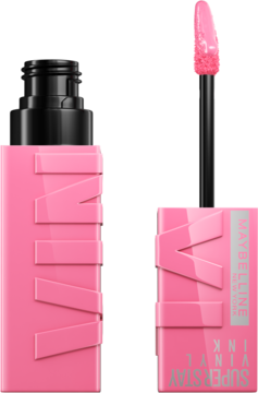 Maybelline Super Stay Vinyl Ink w jaskrawym różu, otwarta. Aplikator z błyszczącą pomadką. Widok z przodu.