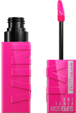 Jaskrawo różowa pomadka Maybelline Super Stay Vinyl Ink z wyjętym aplikatorem, ukazująca winylowe wykończenie.