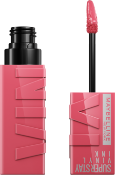 Różowa pomadka Maybelline Super Stay Vinyl Ink, kwadratowa butelka i aplikator z winylowym wykończeniem.