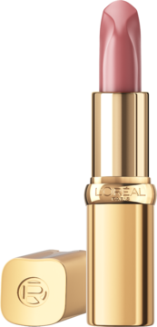 Pionowo stojąca otwarta pomadka L'Oréal Paris Color Riche Nudes of Worth 601, z jasnoróżową szminką i złotą skuwką obok.