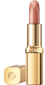 Satynowa pomadka L'Oréal Color Riche Nudes of Worth nr 635, złota obudowa, beżowy sztyft. Widok z przodu.