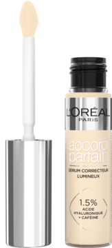 L'Oréal Paris Accord Parfait rozświetlający korektor-serum, jasny beż, butelka z wyjętym aplikatorem.