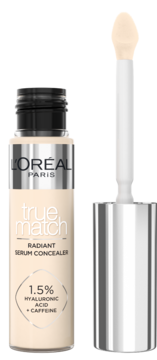 Korektor L'Oréal True Match Radiant Serum Concealer, jasny beż, butelka z wyjętym aplikatorem, kwas hialuronowy.