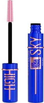 Otwarty tusz Maybelline Lash Sensational Sky High Blue Mist, niebieska tubka, różowa szczoteczka.