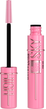 Maybelline Lash Sensational Sky High Pink Air tusz w różowej tubie, otwarty z widoczną szczoteczką.