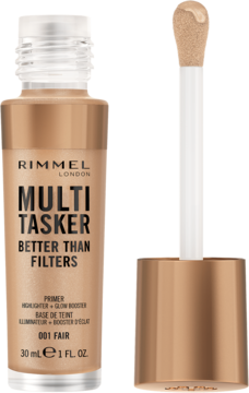 Rimmel Multi Tasker Better Than Filters 001 Fair w butelce, beżowy płyn 3w1, z dużym aplikatorem.