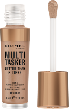 Rimmel Multi-Tasker Better Than Filters 003 Light, złota butelka z wyciągniętym aplikatorem i beżowym produktem.