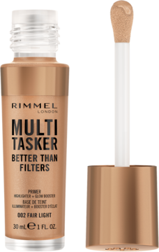 Rimmel Multi Tasker Better Than Filters 002 Fair Light w brązowej butelce i aplikator z produktem obok.