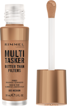 Rimmel Multi Tasker Better Than Filters 005 Medium, brązowa butelka z wyjętym aplikatorem glow boostera.