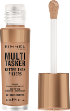 Rimmel Multi Tasker Better Than Filters 004 Light Medium, brązowy kosmetyk 3w1, z aplikatorem wyjętym z butelki.