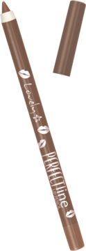 Brązowa kredka do ust Lovely Perfect Line nr 9, z otwartą skuwką, widoczny napis i ikony ust.