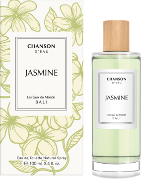 Białe pudełko i szklana butelka Chanson D'Eau Jasmine Bali EDT z zielonym płynem, widok z przodu.