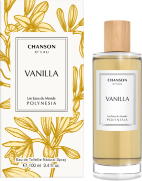 Chanson D'eau Vanilla z Polinezji, woda toaletowa w szklanej butelce z drewnianą nakrętką i pudełko ze złotym wzorem.