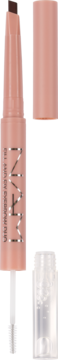 NAM Fill and Fix Eyebrow Duo, odcień 03 Deep Dark Brown, otwarta kredka i osobno tuba z żelem.