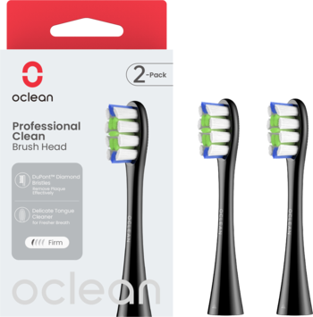 Oclean Professional Clean Brush Head 2-Pack, czarne końcówki do szczoteczki elektrycznej z zielono-niebieskimi włóknami.