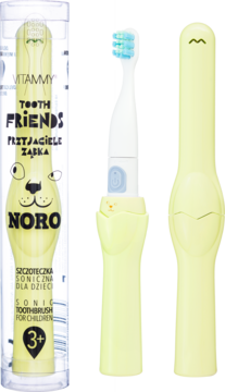 Pale yellow VITAMMY Noro sonic toothbrush for children, with protective cover, shown in packaging and out.