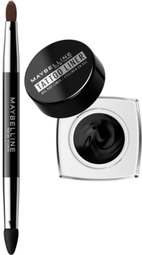 Maybelline Tattoo Liner żelowy eyeliner, otwarty, z czarnym żelem, obok dwustronny pędzelek.