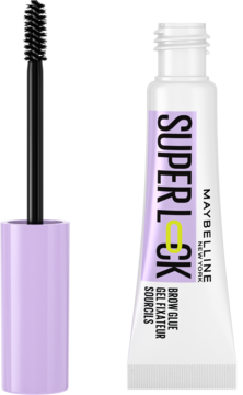 Bezbarwny żel do brwi Maybelline Superlock Brow Glue: biała tuba i precyzyjna szczoteczka, widok z przodu.