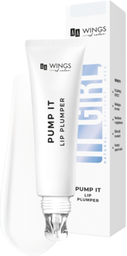 Biały balsam powiększający usta Pump It Lip Plumper AA Wings of Color z aplikatorem roll-on i opakowaniem.