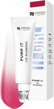 Biały balsam do ust AA Wings of Color Pump It Light Cherry, tubka z aplikatorem i opakowanie, widok przód.