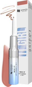 WINGS Mix It Lip Combo 2 w 1, srebrny aplikator z brązową konturówką, obok białego pudełka z nazwą.