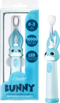Vitammy Bunny, błękitna soniczna szczoteczka dla niemowląt 0-3 w opakowaniu, z uszami królika i LED.