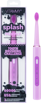 Fioletowa szczoteczka soniczna VITAMMY Splash Purply, widok produktu w opakowaniu i obok na białym tle.