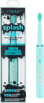 Miętowa szczoteczka soniczna VITAMMY Splash, opakowanie i produkt, widok z przodu, ładowanie USB.