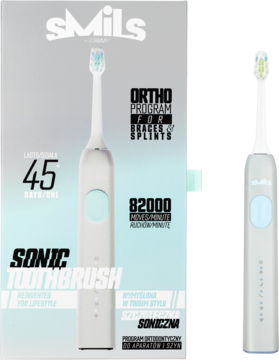 Biała szczoteczka soniczna VITAMMY Smils 82000 ruchów, w pudełku z napisem Ortho Program.