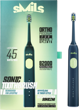 Szczoteczka soniczna VITAMMY Smils w granatowym kartonie i obok, granatowa z zielonymi detalami, widok z przodu.