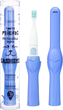 Niebieska szczoteczka soniczna Vitammy Tooth Friends Sashimi dla dzieci, z etui w kształcie kota.