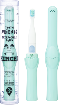 Miętowa szczoteczka soniczna Vitammy Kimchi dla dzieci, widok w opakowaniu, z główką i z osłoną.