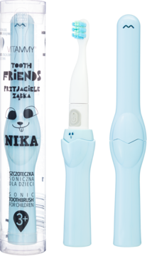 Błękitna szczoteczka soniczna VITAMMY NIKA dla dzieci 3+ w przezroczystym etui, z głowicą i osłoną.