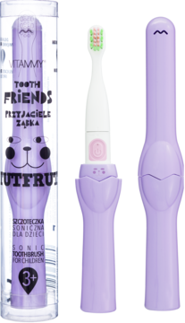 Fioletowa szczoteczka soniczna Vitammy Tooth Friends dla dzieci, z ochronną nasadką i w opakowaniu.