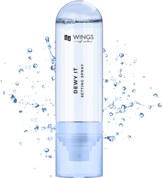 Utrwalacz makijażu Dewy It Setting Spray w przezroczystej butelce, widok z przodu, zapewnia efekt glow.