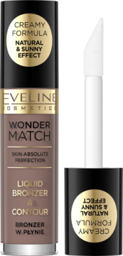 Eveline Wonder Match Liquid Bronzer & Contour w brązowej butelce, odkręcony aplikator z napisem "Creamy Formula".