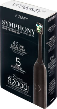 Opakowanie czarnej sonicznej szczoteczki Vitammy Symphony z baterią 45 dni i 82000 ruchów, widok z przodu.