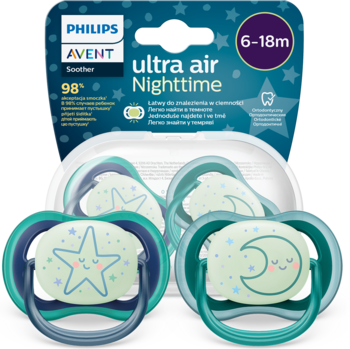 Philips Avent Ultra Air Nighttime 6-18m, 2 świecące smoczki (gwiazda, księżyc), teal i granat, w opakowaniu.