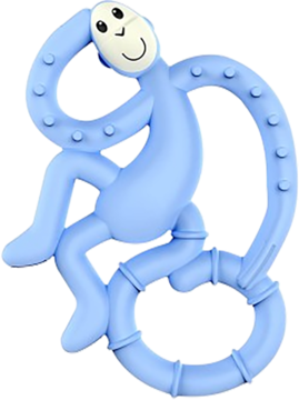 Jasnoniebieski silikonowy gryzak Matchstick Monkey w kształcie wesołej małpki z wypustkami, widok z przodu.