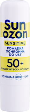Biała pomadka Sunozon Sensitive do ust SPF 50+, ochrona UVA+UVB, w żółto-niebieskim opakowaniu, widok z przodu.