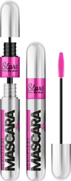 Stars from the Stars Sexi&Flexi Mascara w srebrnej tubce, obok otwarta z wysuniętą różową szczoteczką.