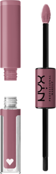 Otwarta dwustronna pomadka NYX Shine Loud nr 26 fierce flirt, baza w odcieniu brudnego różu i top coat.