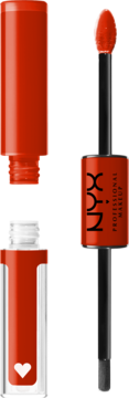 NYX Shine Loud nr 27: otwarta czerwona pomadka w płynie, widoczny aplikator i przezroczysta tubka z sercem.