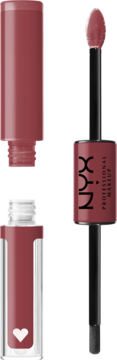 Otwarta dwustronna pomadka NYX Shine Loud nr 26 Movie Maker: aplikator z różową bazą i przezroczysty top coat.