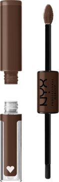 NYX Shine Loud brązowa pomadka w płynie nr 27, dwustronna, z otwartym aplikatorem i błyszczącym topem.