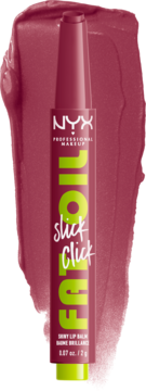 NYX Fat Oil Slick Click, ciemnoróżowy błyszczący balsam do ust That's Major, pionowo na smudze koloru.