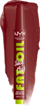 Błyszczący balsam do ust NYX Fat Oil Slick Click, odcień In a Mood, brązowy sztyft ze smugą produktu.