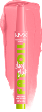 NYX Fat Oil Slick Click: różowy, błyszczący balsam do ust w sztyfcie, z zielonym napisem, na tle różowej smugi.