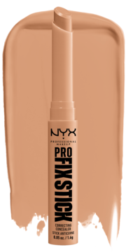 Beżowy korektor NYX Pro Fix Stick 09 neutral tan, z otwartym sztyftem i smugą produktu na tle.