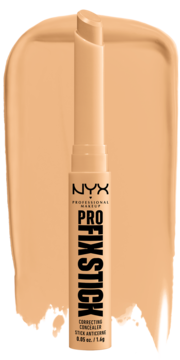 NYX Pro Fix Stick korektor w sztyfcie nr 07 soft beige, na tle swatcha. Widoczny wysunięty produkt.